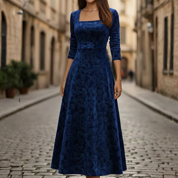 Robe midi en velours à fleurs pour femme à manches trois-quarts