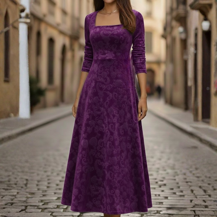 Robe midi en velours à fleurs pour femme à manches trois-quarts