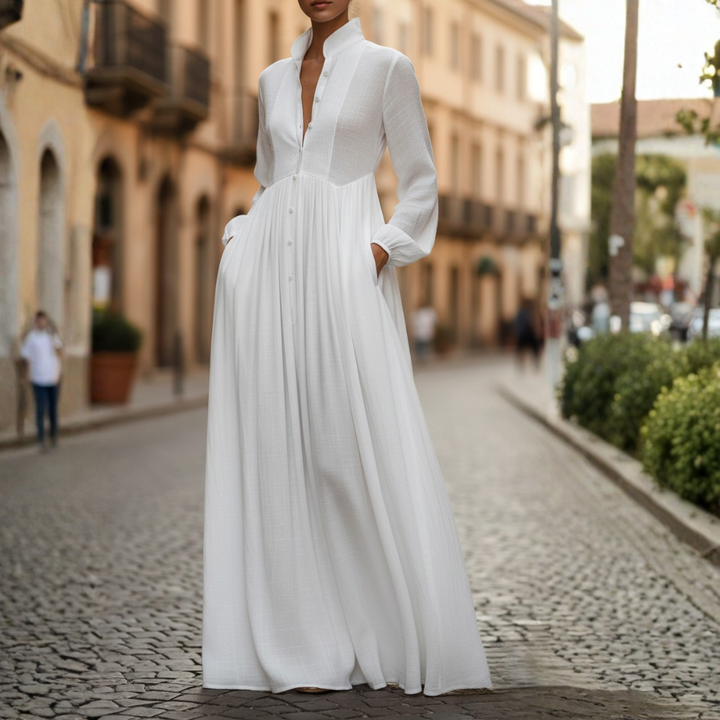 Robe longue en coton et lin patchwork col montant manches longues pour femme