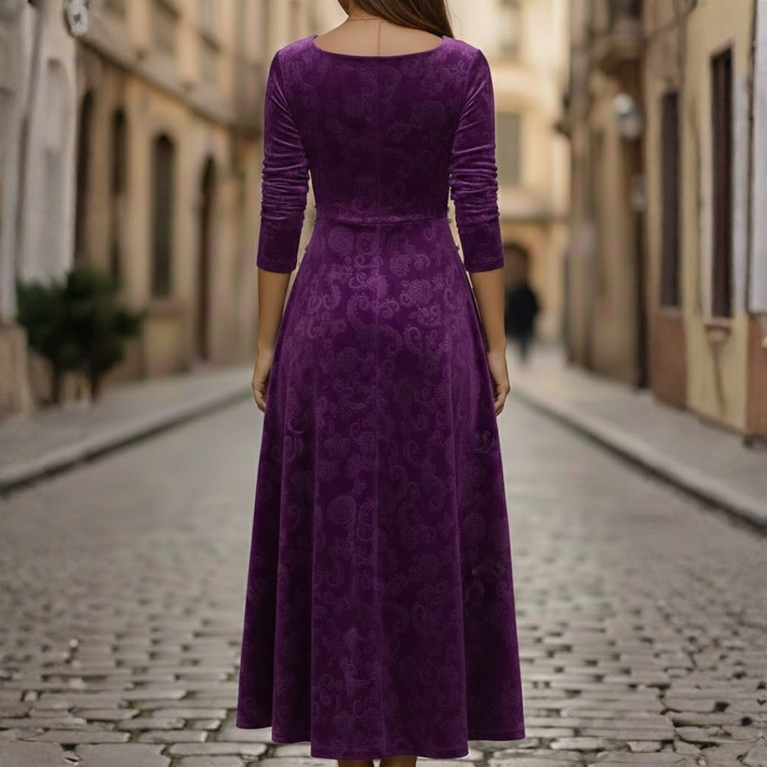 Robe midi en velours à fleurs pour femme à manches trois-quarts