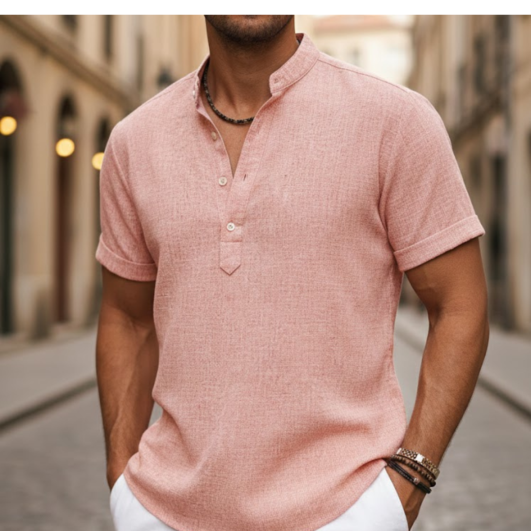 Men Linen Blend Short Sleeve Shirt Henley Collar