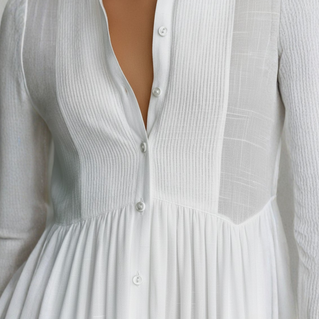 Robe longue en coton et lin patchwork col montant manches longues pour femme