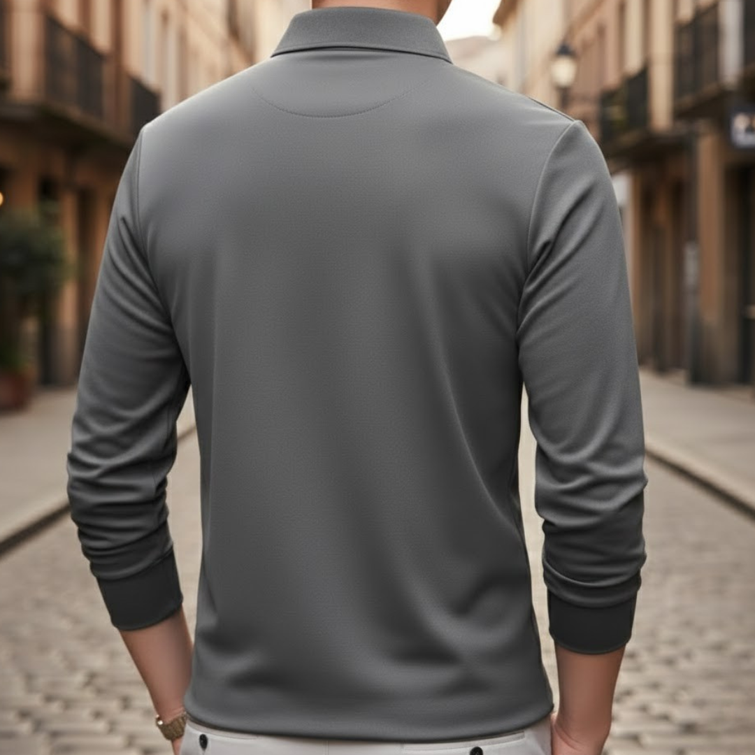 Chemise polo à manches longues décontractée pour homme, couleur unie