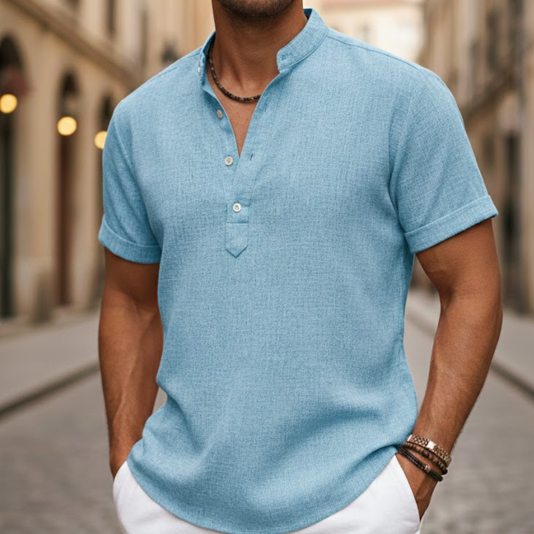 Men Linen Blend Short Sleeve Shirt Henley Collar