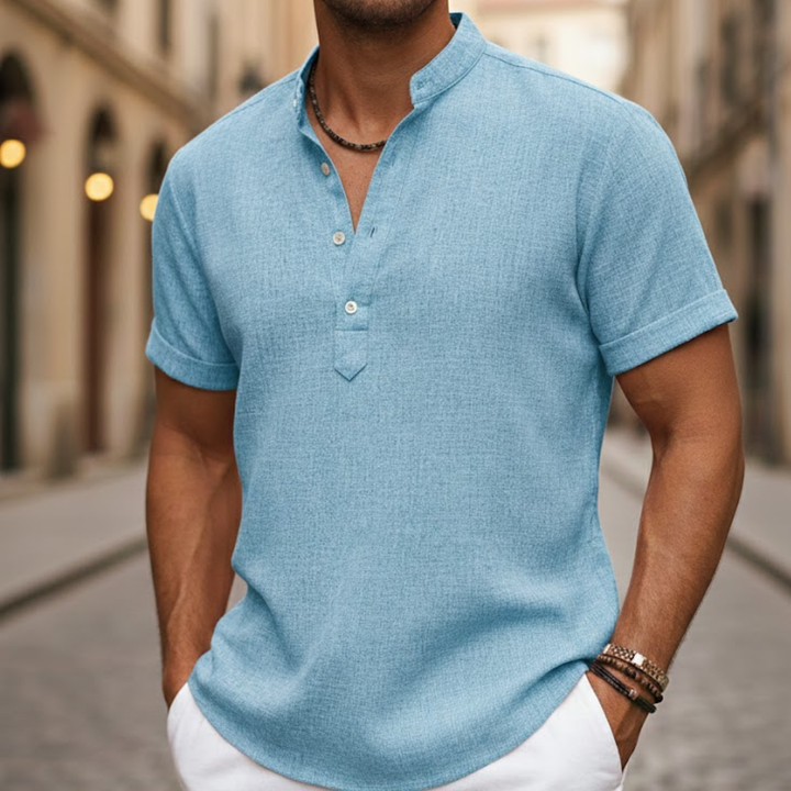 Men Linen Blend Short Sleeve Shirt Henley Collar