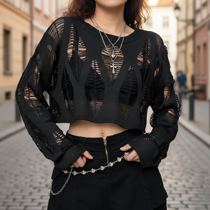 Women Black Distressed Cropped Knit Sweater
