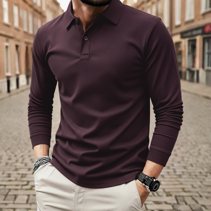 Polo homme à manches longues couleur unie coupe ample tissu en polyester