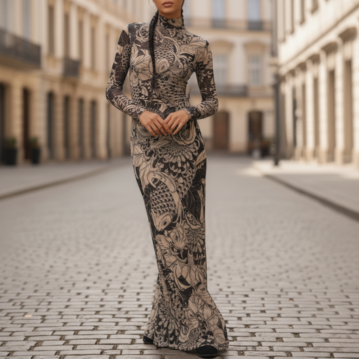 Robe longue à col montant graphique couleur fauve pour femme