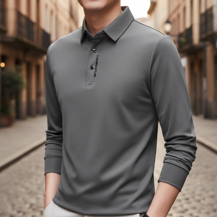 Chemise polo à manches longues décontractée pour homme, couleur unie