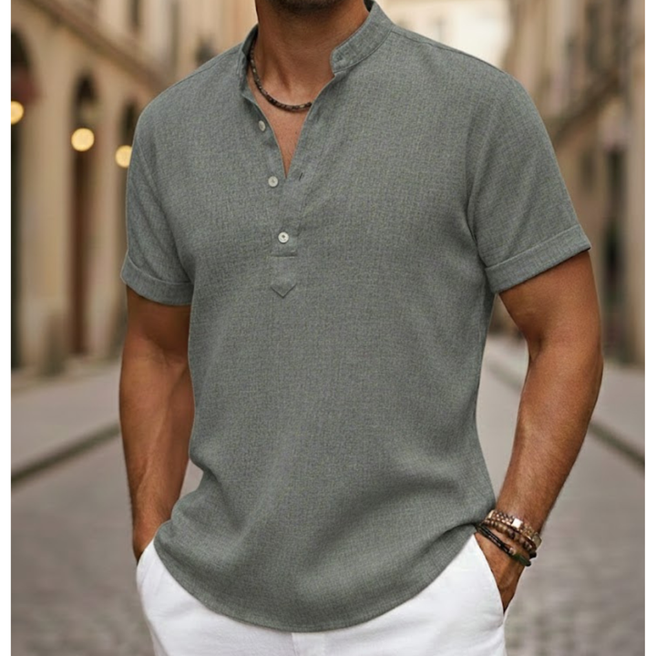 Men Linen Blend Short Sleeve Shirt Henley Collar