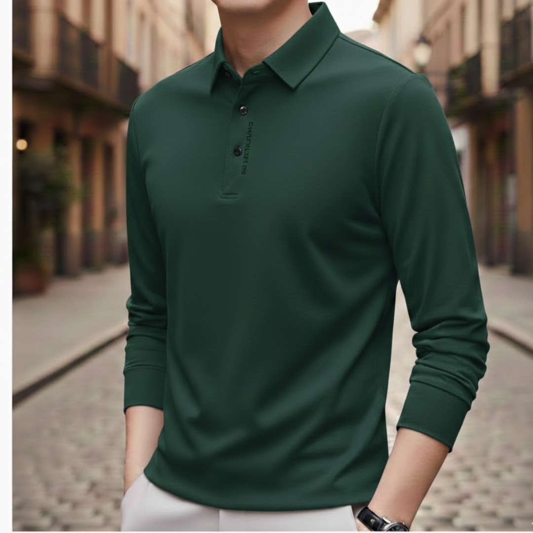 Chemise polo à manches longues décontractée pour homme, couleur unie