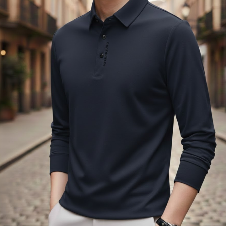 Chemise polo à manches longues décontractée pour homme, couleur unie