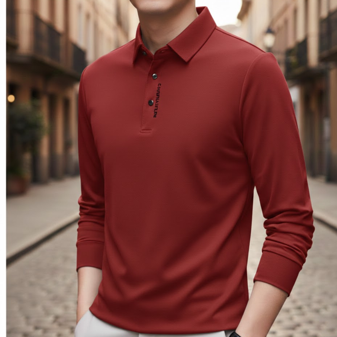 Chemise polo à manches longues décontractée pour homme, couleur unie