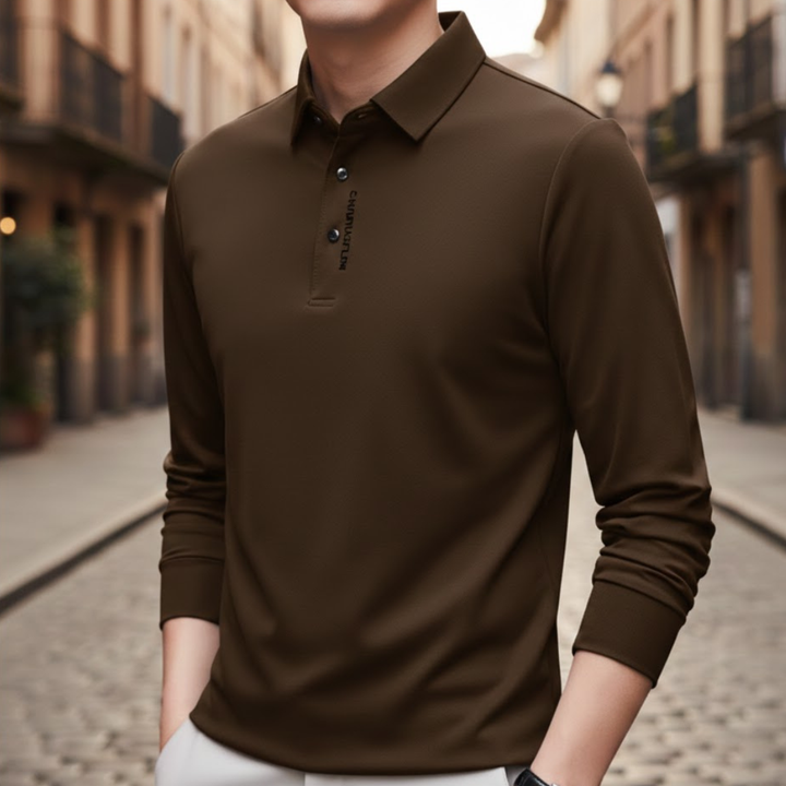 Chemise polo à manches longues décontractée pour homme, couleur unie