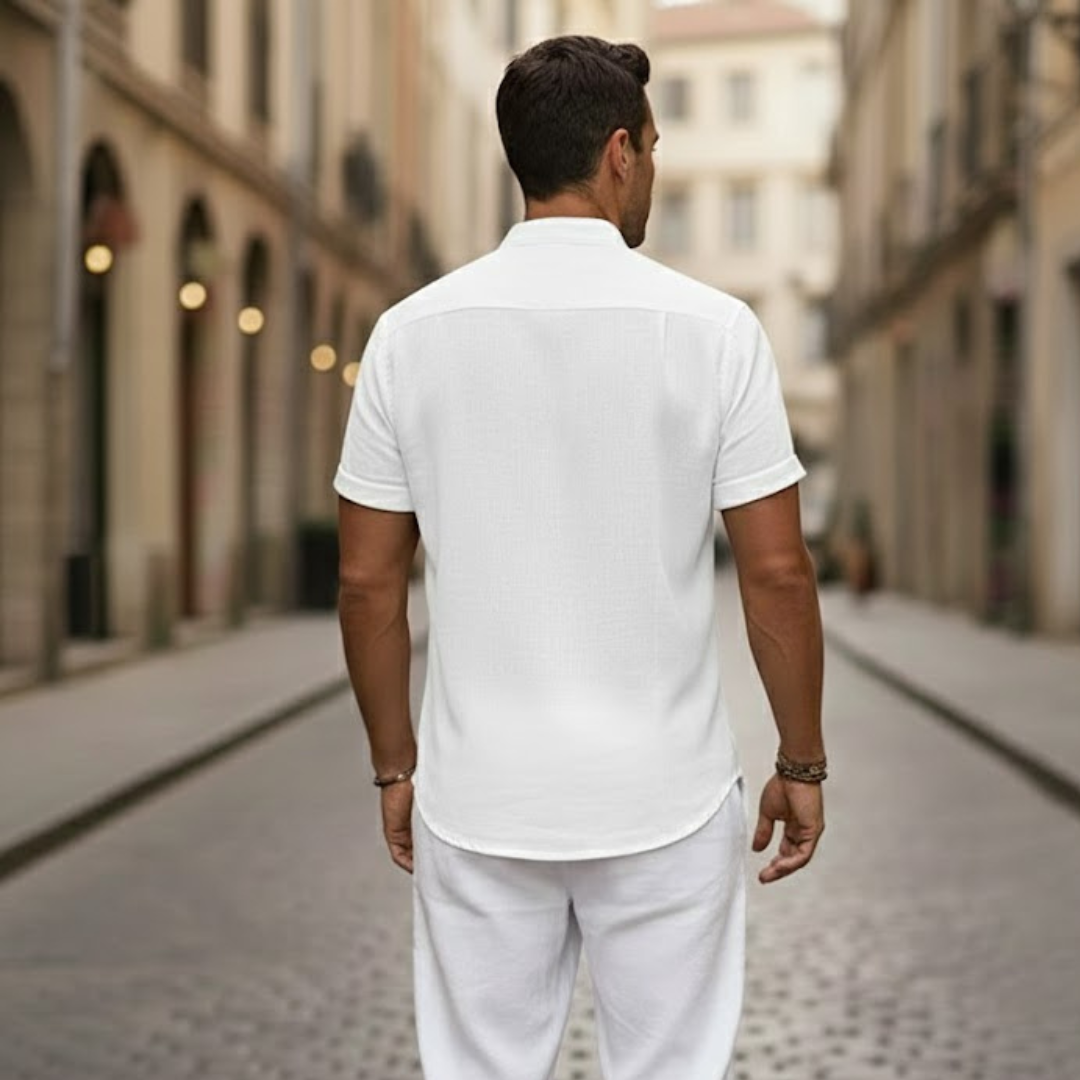 Men Linen Blend Short Sleeve Shirt Henley Collar