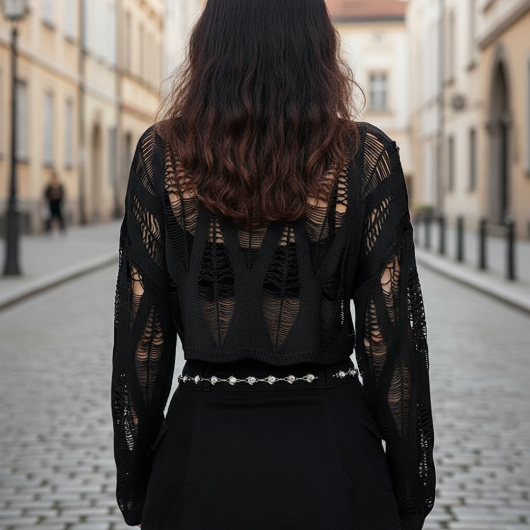 Women Black Distressed Cropped Knit Sweater