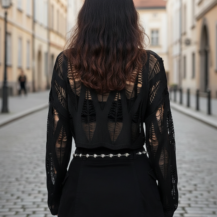 Women Black Distressed Cropped Knit Sweater