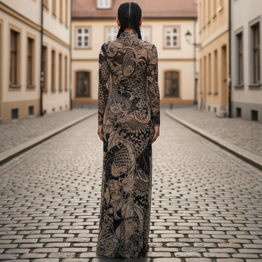 Robe longue à col montant graphique couleur fauve pour femme