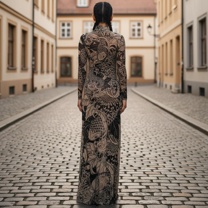 Robe longue à col montant graphique couleur fauve pour femme