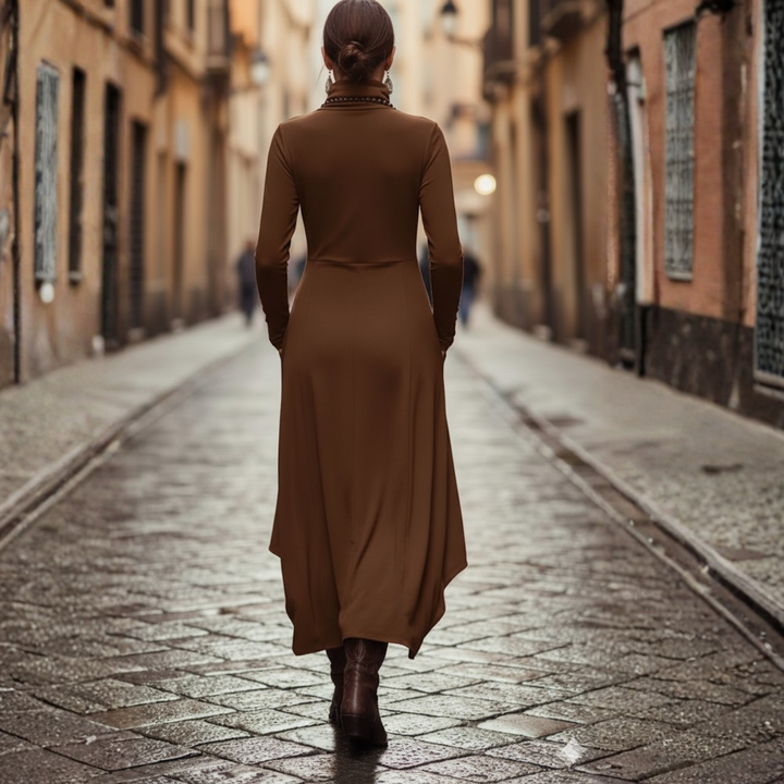 Robe longue pour femme à manches longues en rayonne plissée asymétrique