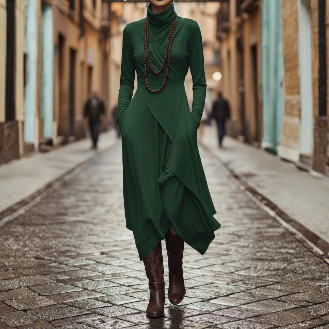 Robe longue pour femme à manches longues en rayonne plissée asymétrique