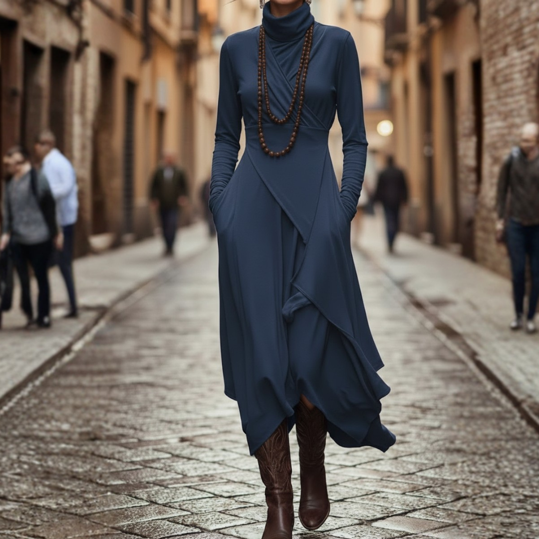 Robe longue pour femme à manches longues en rayonne plissée asymétrique