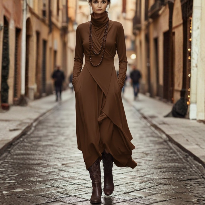 Robe longue pour femme à manches longues en rayonne plissée asymétrique