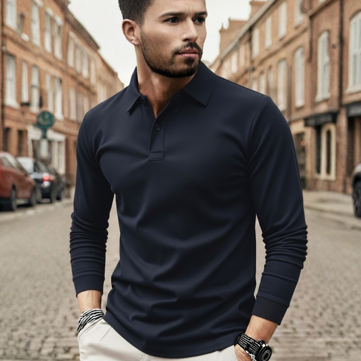Polo homme à manches longues couleur unie coupe ample tissu en polyester