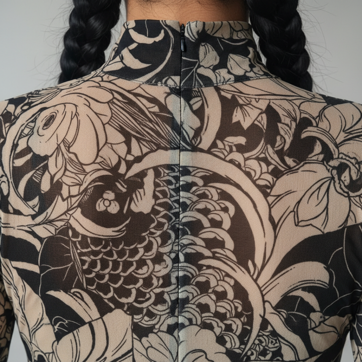 Robe longue à col montant graphique couleur fauve pour femme