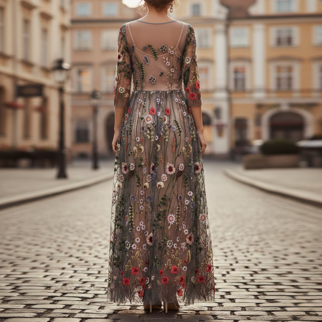 Robe longue en filet brodée pour femme