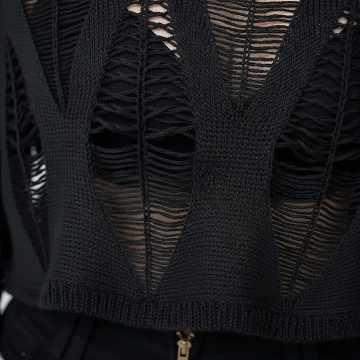 Women Black Distressed Cropped Knit Sweater