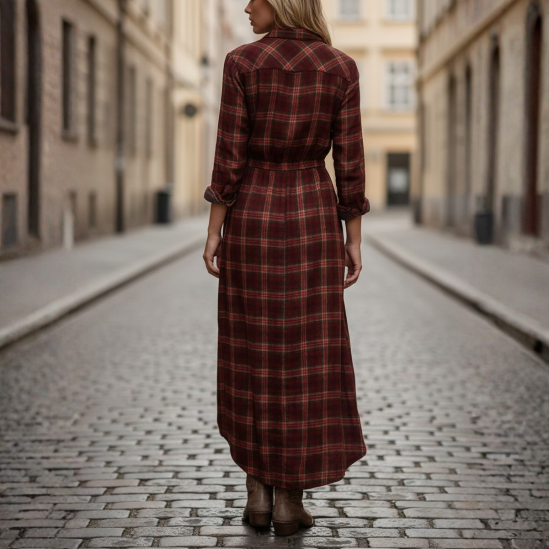 Robe longue à carreaux pour femme avec boutons sur le devant