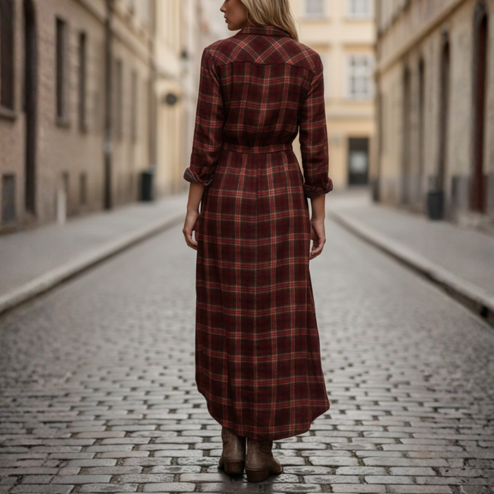 Robe longue à carreaux pour femme avec boutons sur le devant
