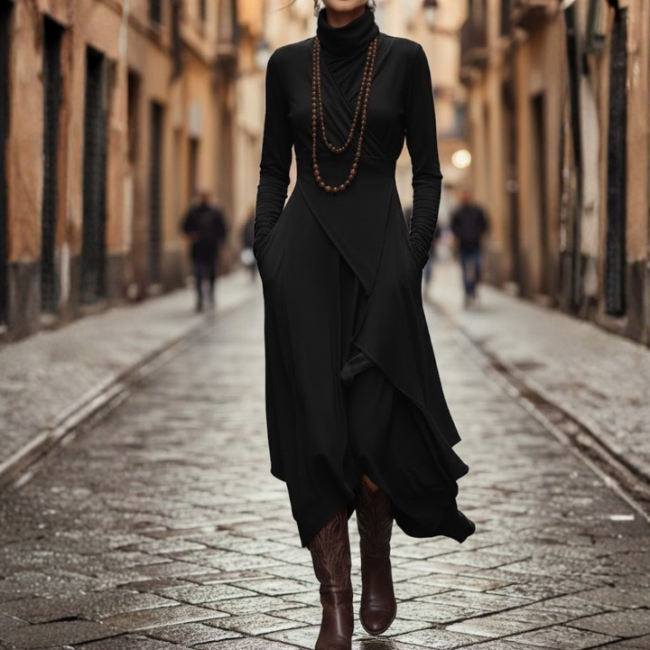 Robe longue pour femme à manches longues en rayonne plissée asymétrique