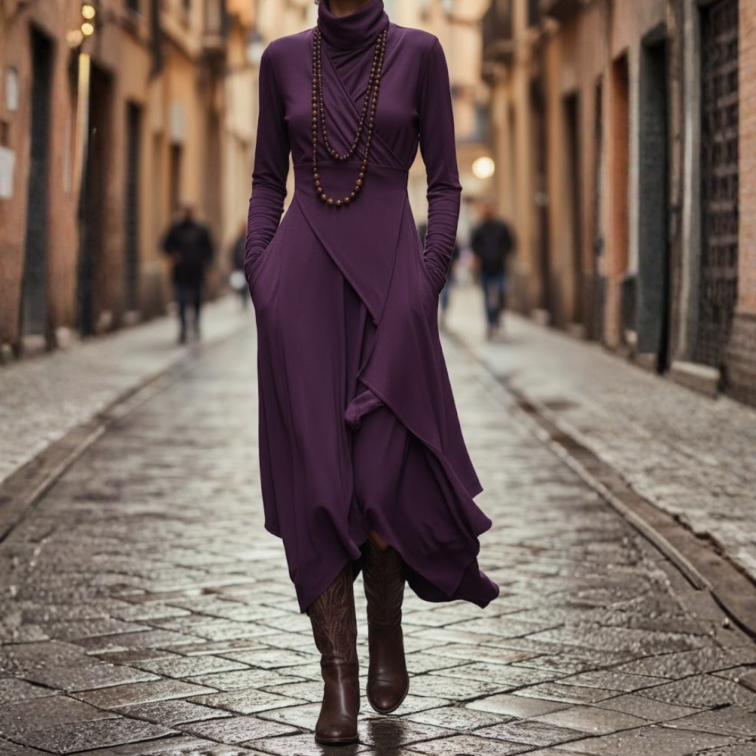 Robe longue pour femme à manches longues en rayonne plissée asymétrique