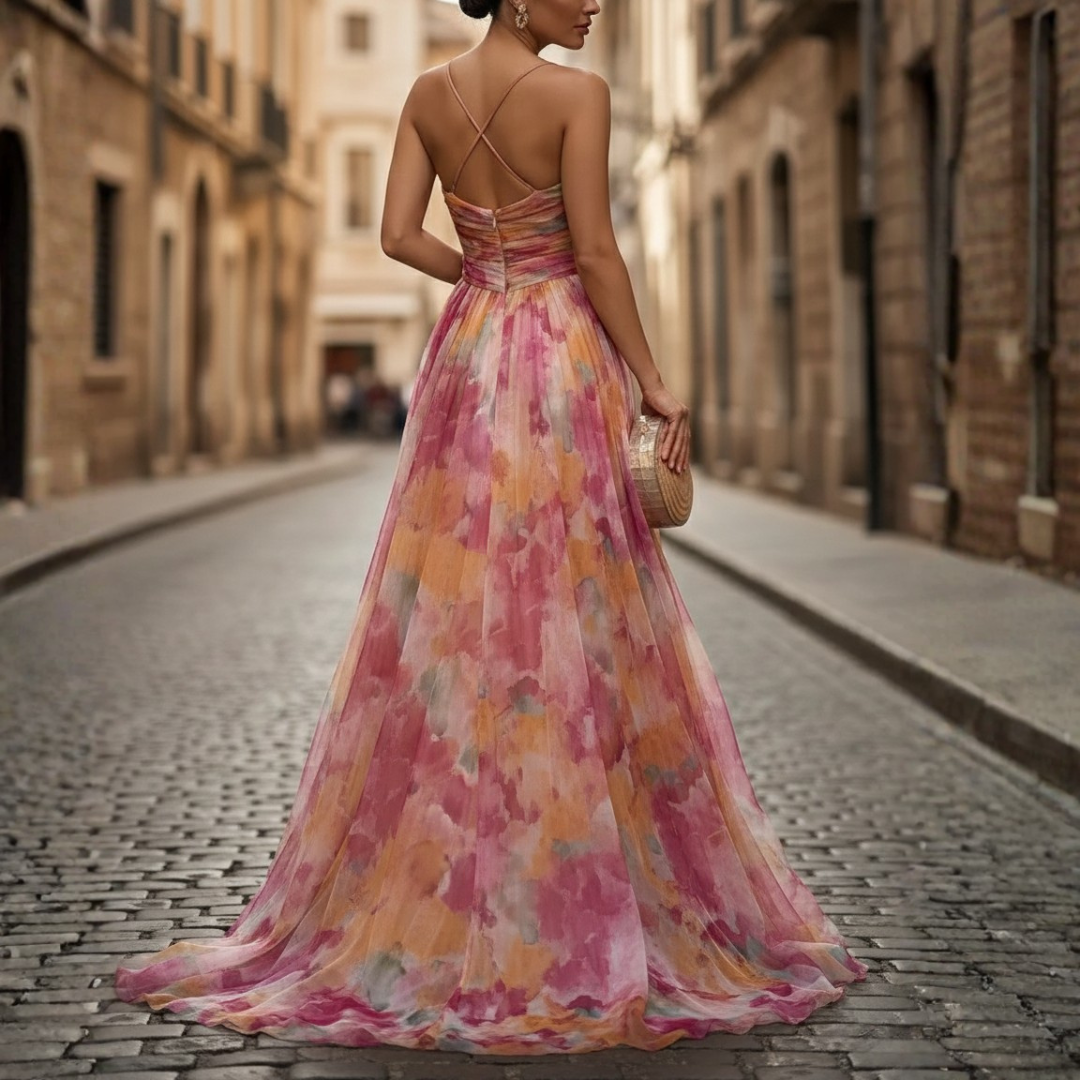 Vestido largo de noche con estampado floral, tul sin mangas para mujer