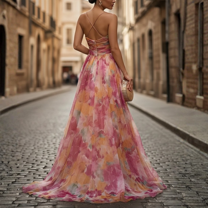 Vestido largo de noche con estampado floral, tul sin mangas para mujer