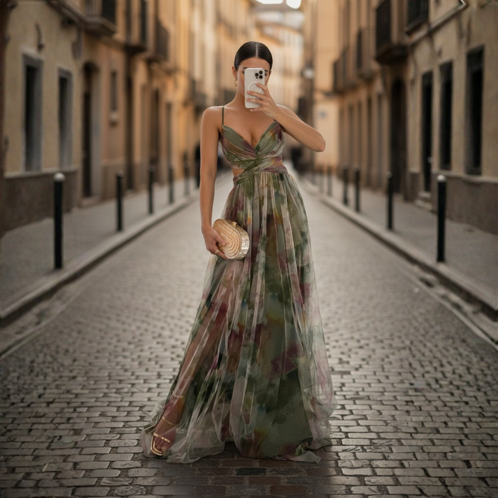 Vestido largo de noche con estampado floral, tul sin mangas para mujer