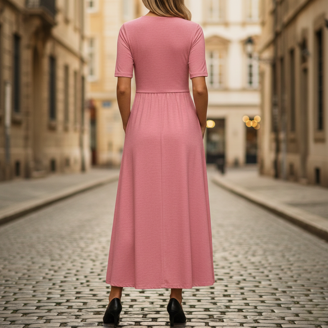 Robe midi à encolure en V, portefeuille, manches courtes, taille empire pour femme