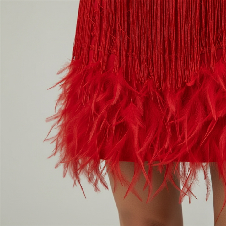 Robe de cocktail à franges, plumes, paillettes, mini, sans manches pour femmes