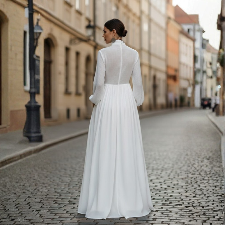 Robe longue en coton et lin patchwork col montant manches longues pour femme