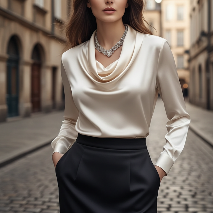 Women Satin Cowl Neck Long Blouse