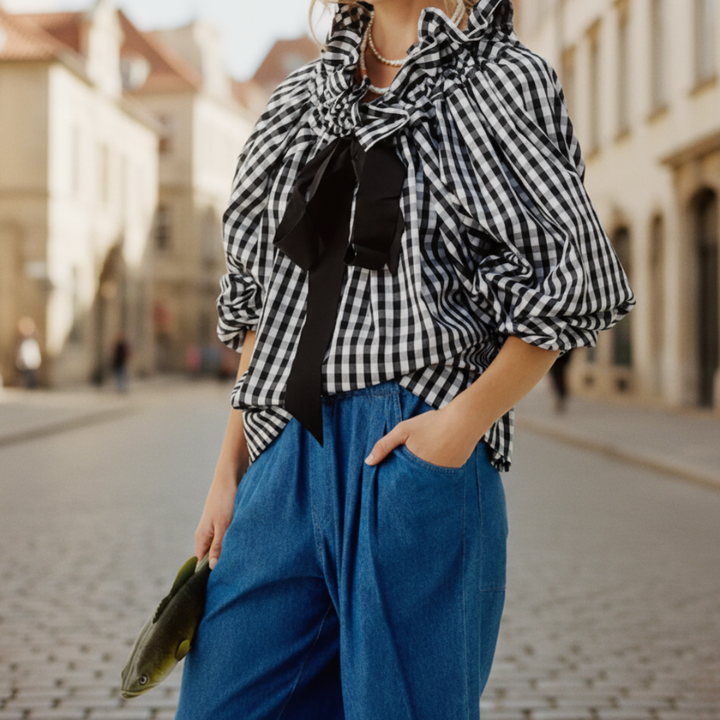 Women Striped Ruffle Bow Tie Blouse