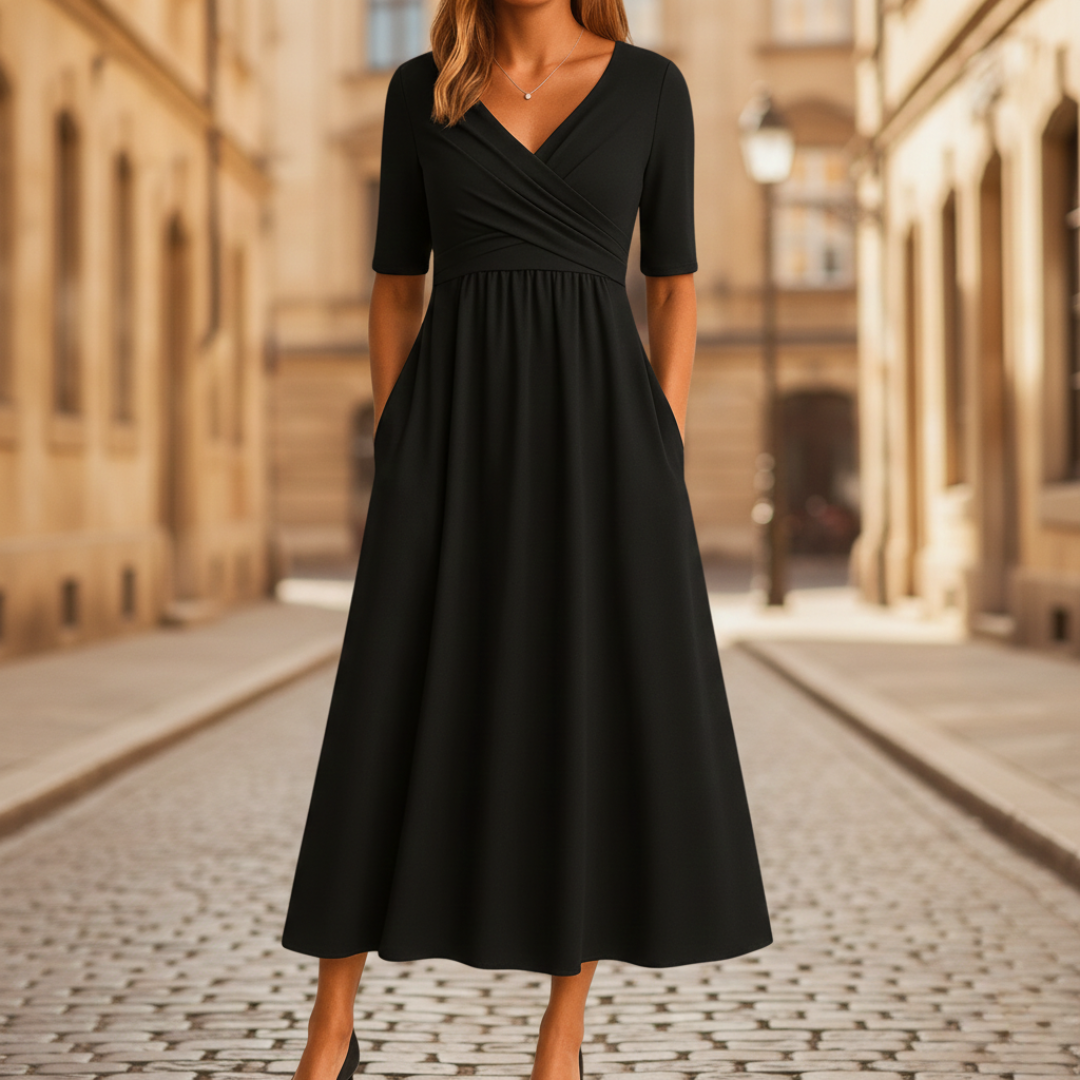 Robe midi à encolure en V, portefeuille, manches courtes, taille empire pour femme