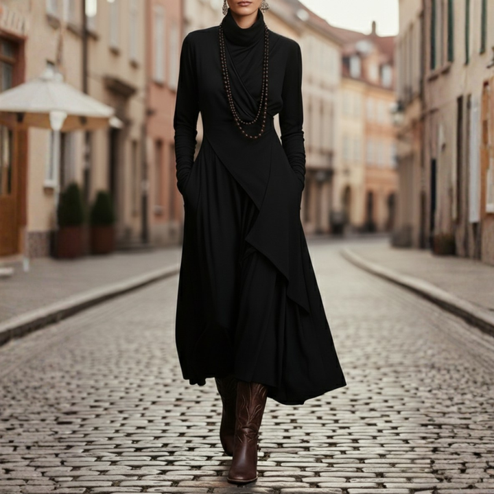 Robe longue plissée asymétrique à col montant et manches longues pour femme