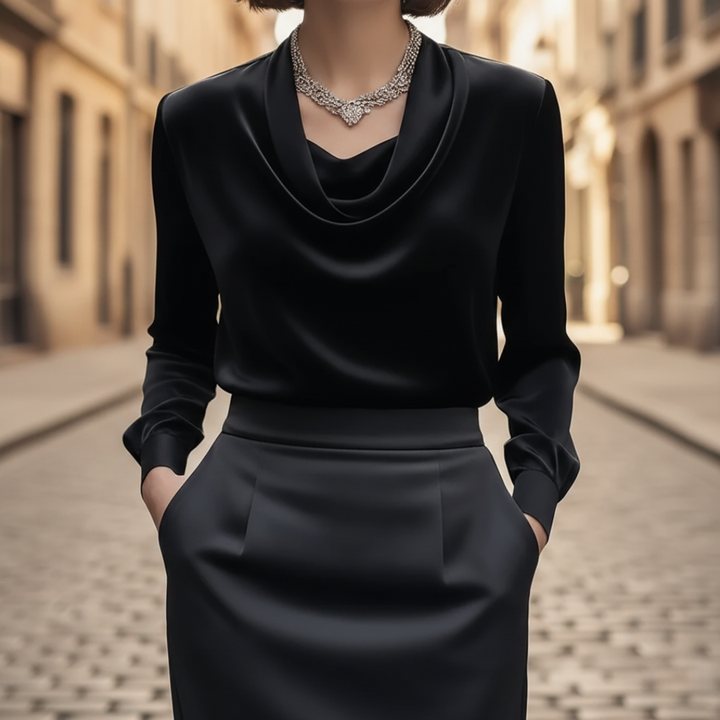 Women Satin Cowl Neck Long Blouse