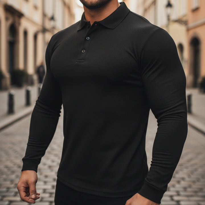 Men Ribbed Long Sleeve Polo Shirt