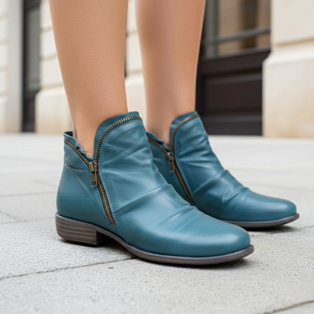 Women Orthopedic Faux Leather Double Zipper Ruched Ankle Boots