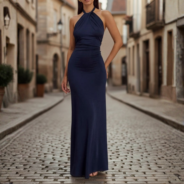 Robe longue froncée pour femme à col licou