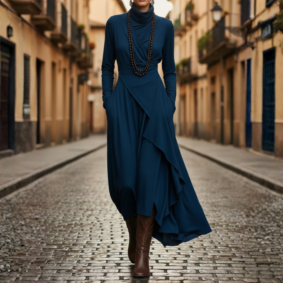 Robe longue plissée asymétrique à col montant et manches longues pour femme